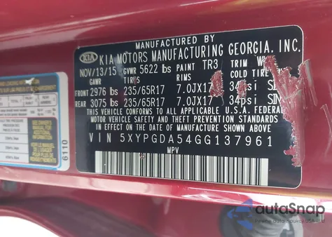 2016 Kia Sorento 3.3L Lx из США, поврежденный, VIN 5XYPGDA54GG137961